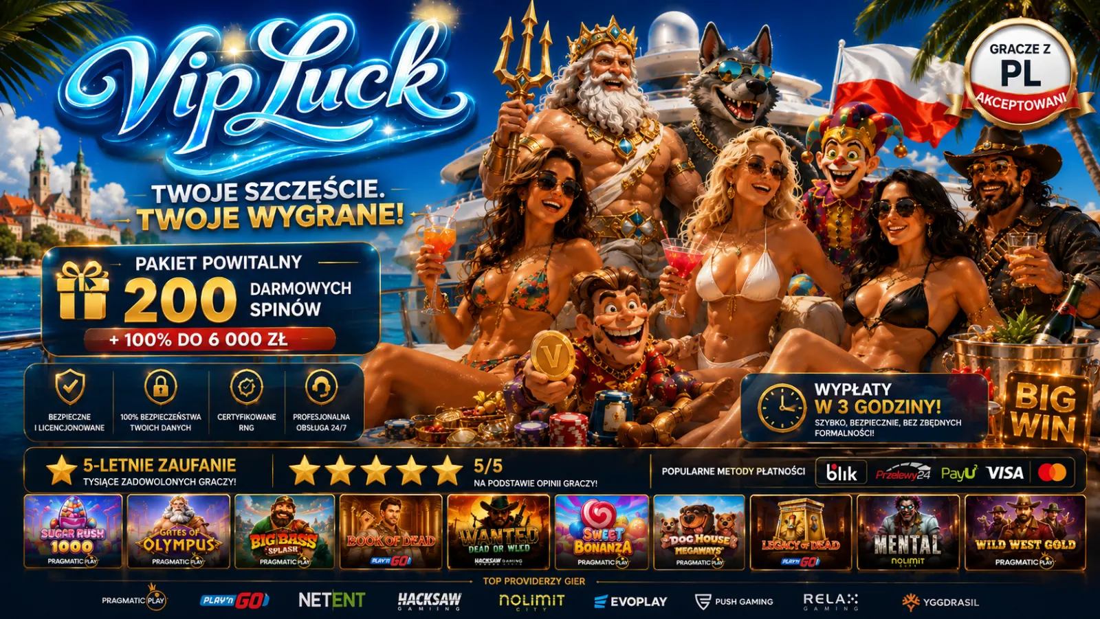 VipLuck Casino — pakiet powitalny 200 darmowych spinów i 100% do 6 000 zł